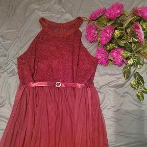 Halter neck maroon lace and silk dress